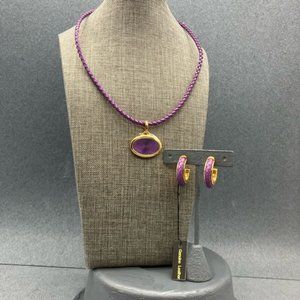 Joan Rivers Necklace Earrings Pendant Set Leather Hoop Pierced Purple Gold Oval